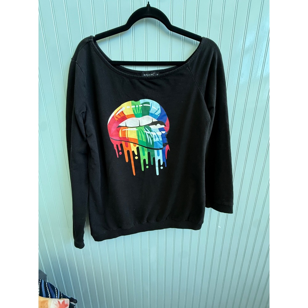 Magicmk Rainbow Lips OffShoulder Graphic Sweatshirt M Pride LGBTQ Pop Art Edgy - Picture 2 of 5